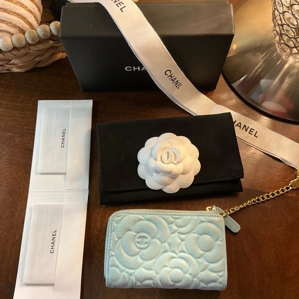 Beautiful Chanel Camellia Coco Mark Coin Case Wallet Light Blue